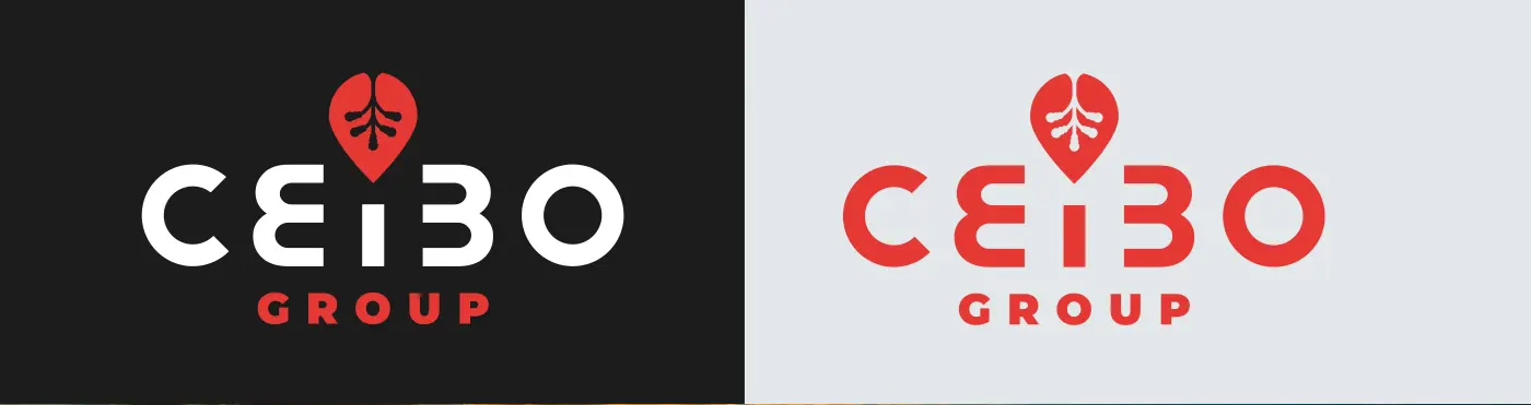 Ceibo Group logo in white on black and in red on light grey