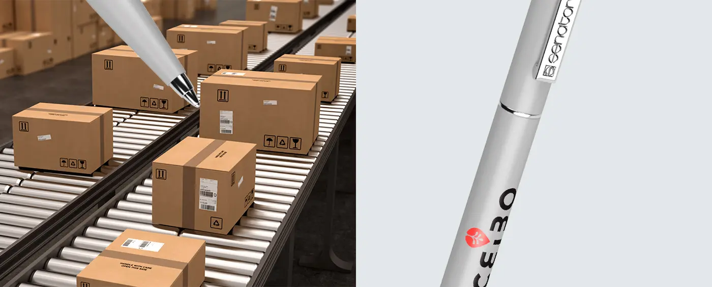 Corporate pens next to cardboard boxes on a warehouse conveyor belt