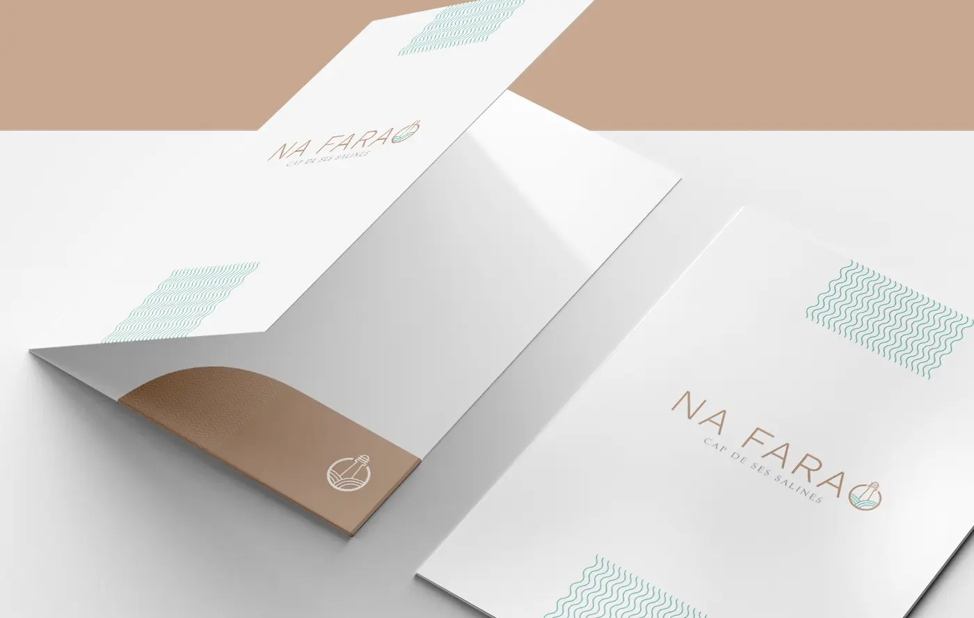 Corporate folder shown open and closed in white with beige and turquoise details