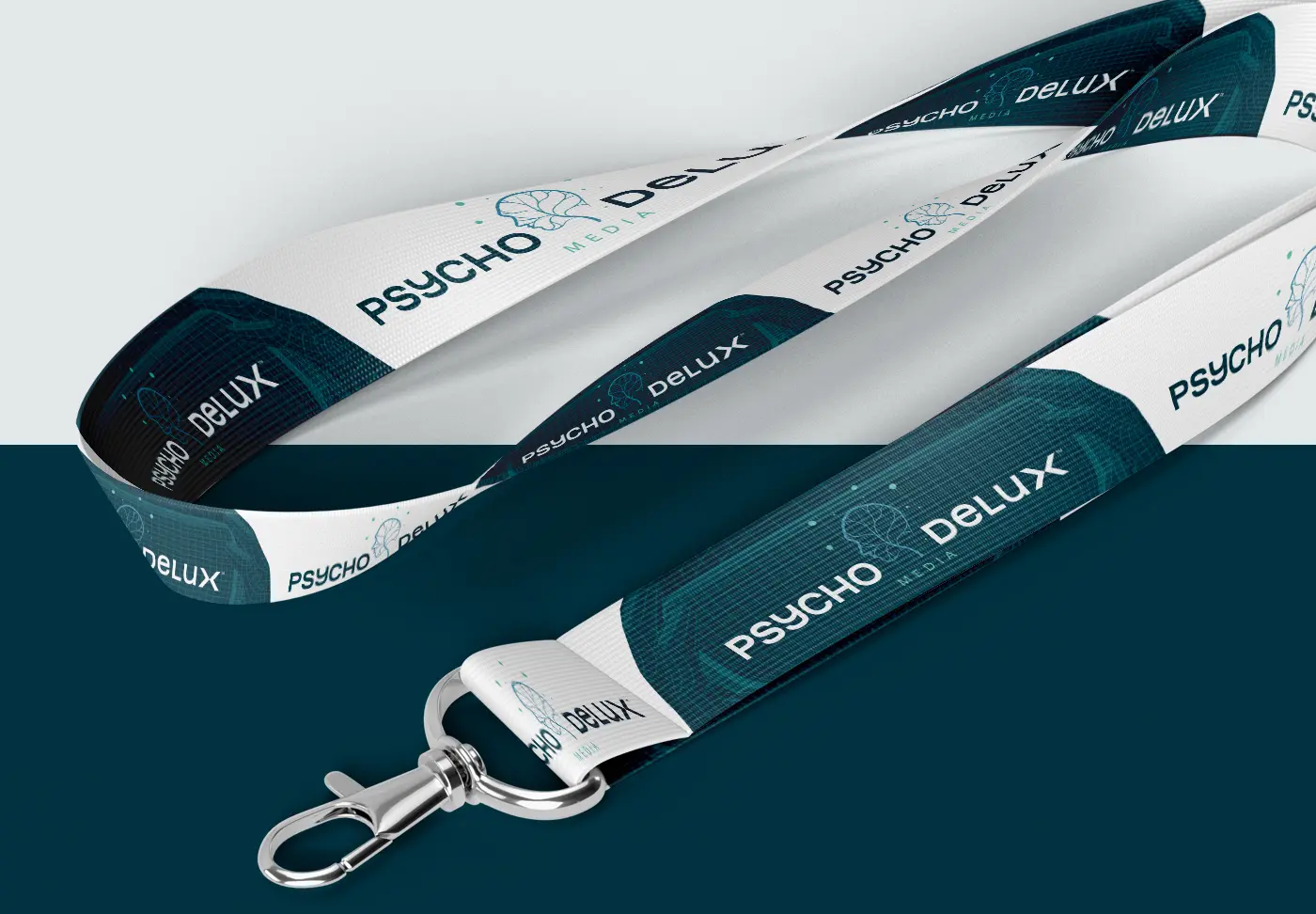 Lanyard with the logo in petrol blue and white