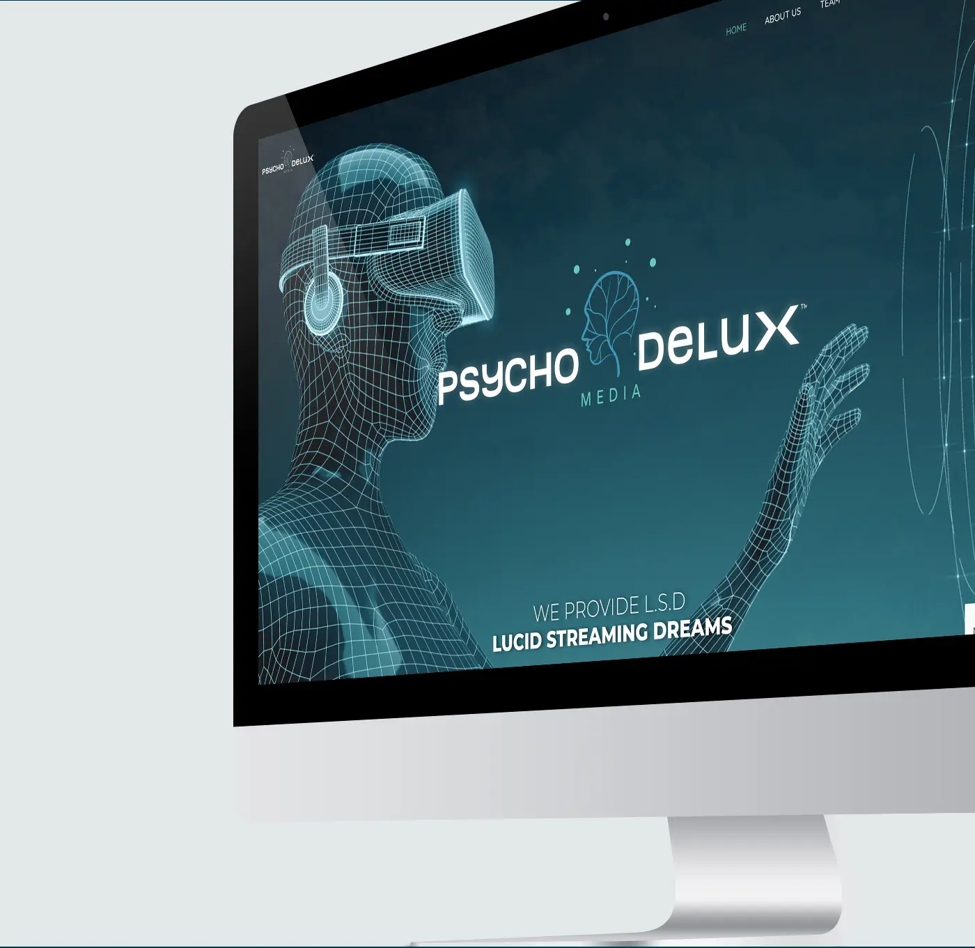 iMac mockup with the website and a wireframe figure wearing virtual-reality glasses