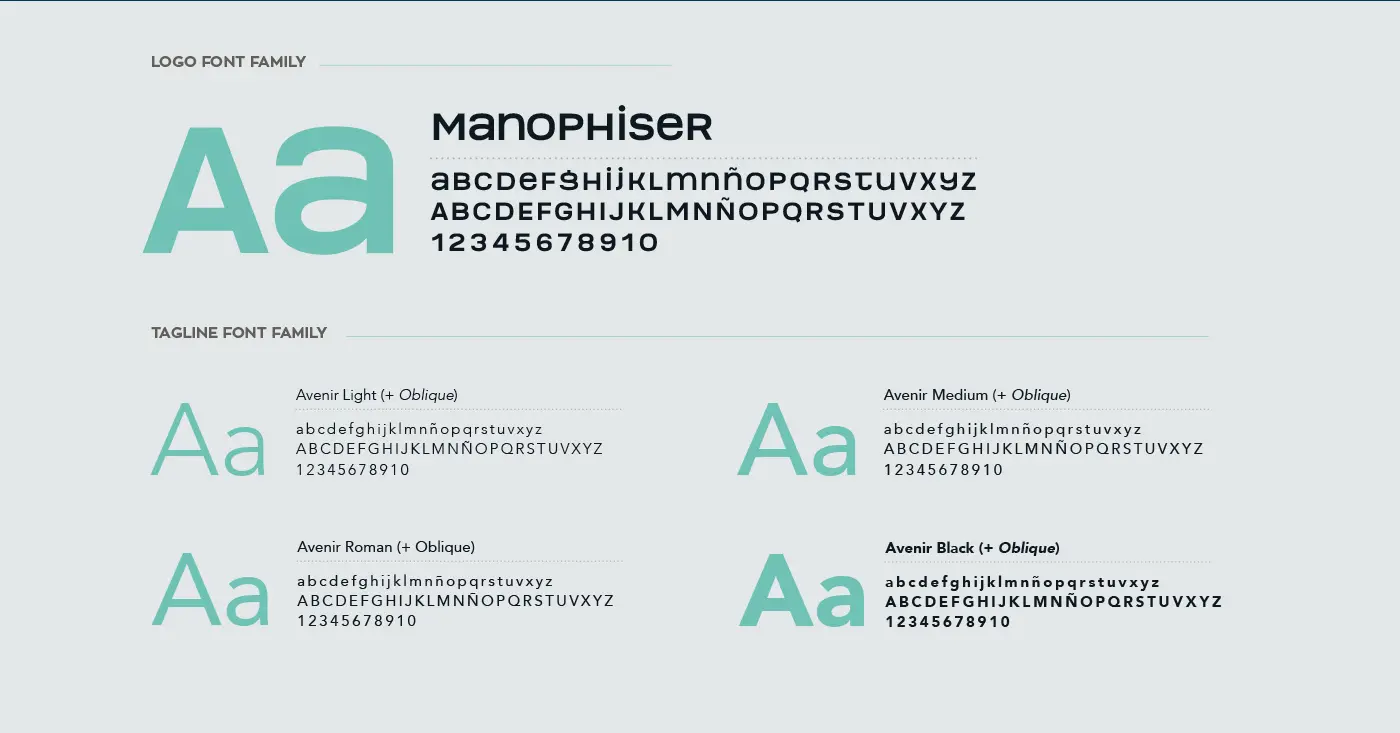 Type specimen with the Manophiser logo font and the Avenir family