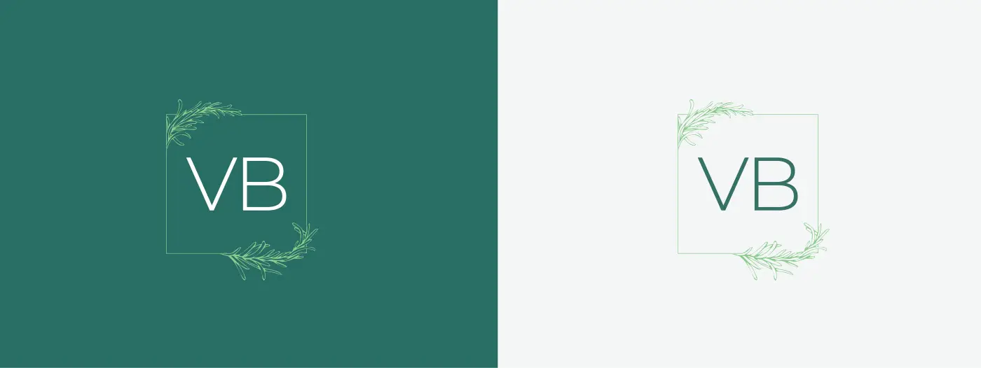 VB monogram in negative version on green and in positive version on a light background