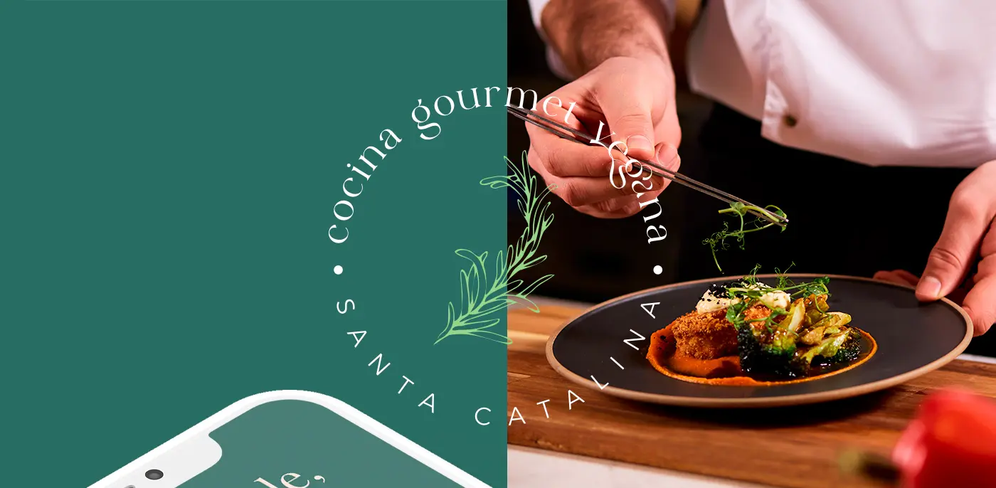 Detail of a plated dish with cooking tweezers and the brand's circular seal