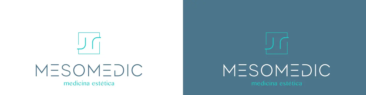 Aplicaciones del logotipo MESOMEDIC sobre fondo blanco y azul petróleo