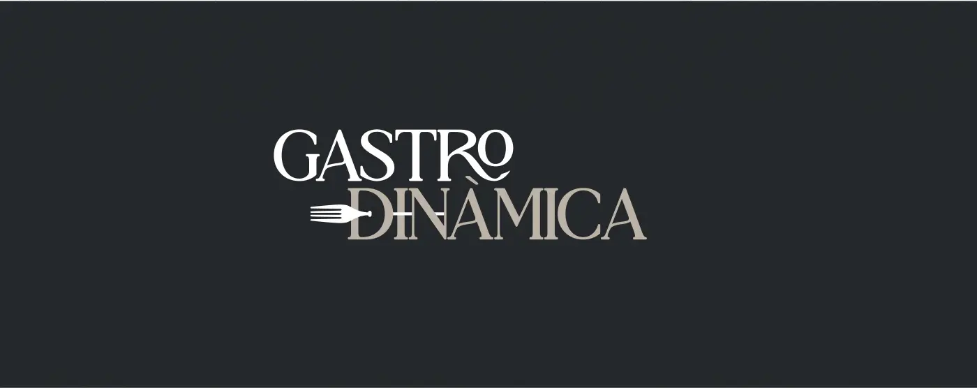 Logotipo de Gastrodinàmica en dos líneas sobre fondo oscuro con motivo de tenedor