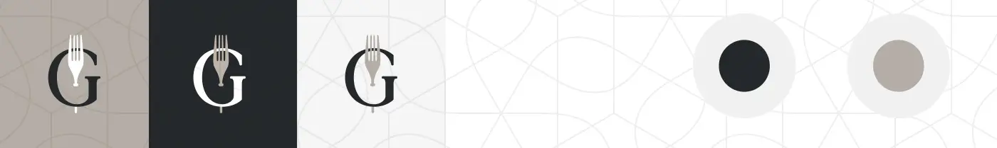 Isotipo de la letra G con tenedor en tres versiones de color sobre fondo beige, negro y blanco