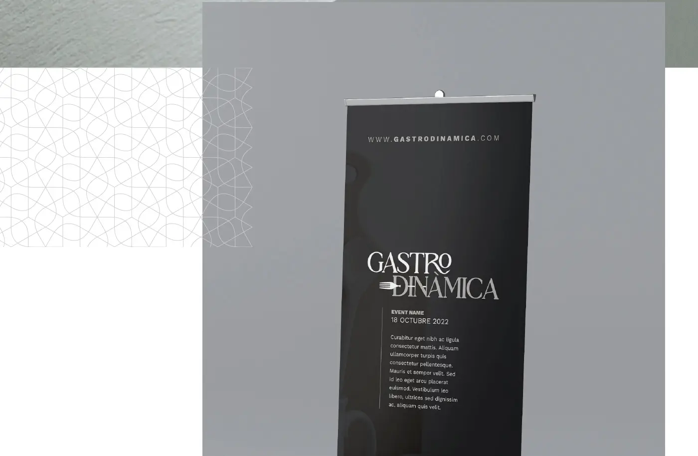 Roll-up de Gastrodinàmica en negro con el logotipo y datos de un evento