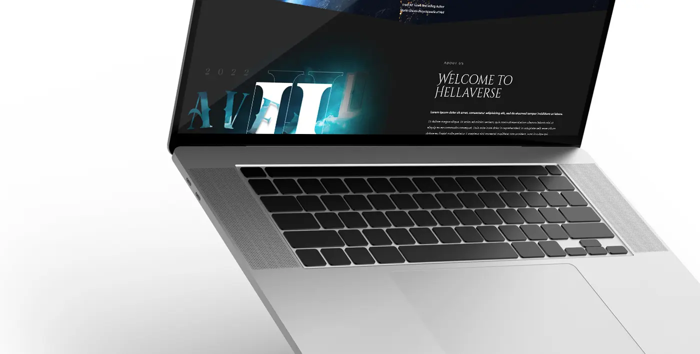 Mockup de portátil con la sección Welcome to Hellaverse de la web