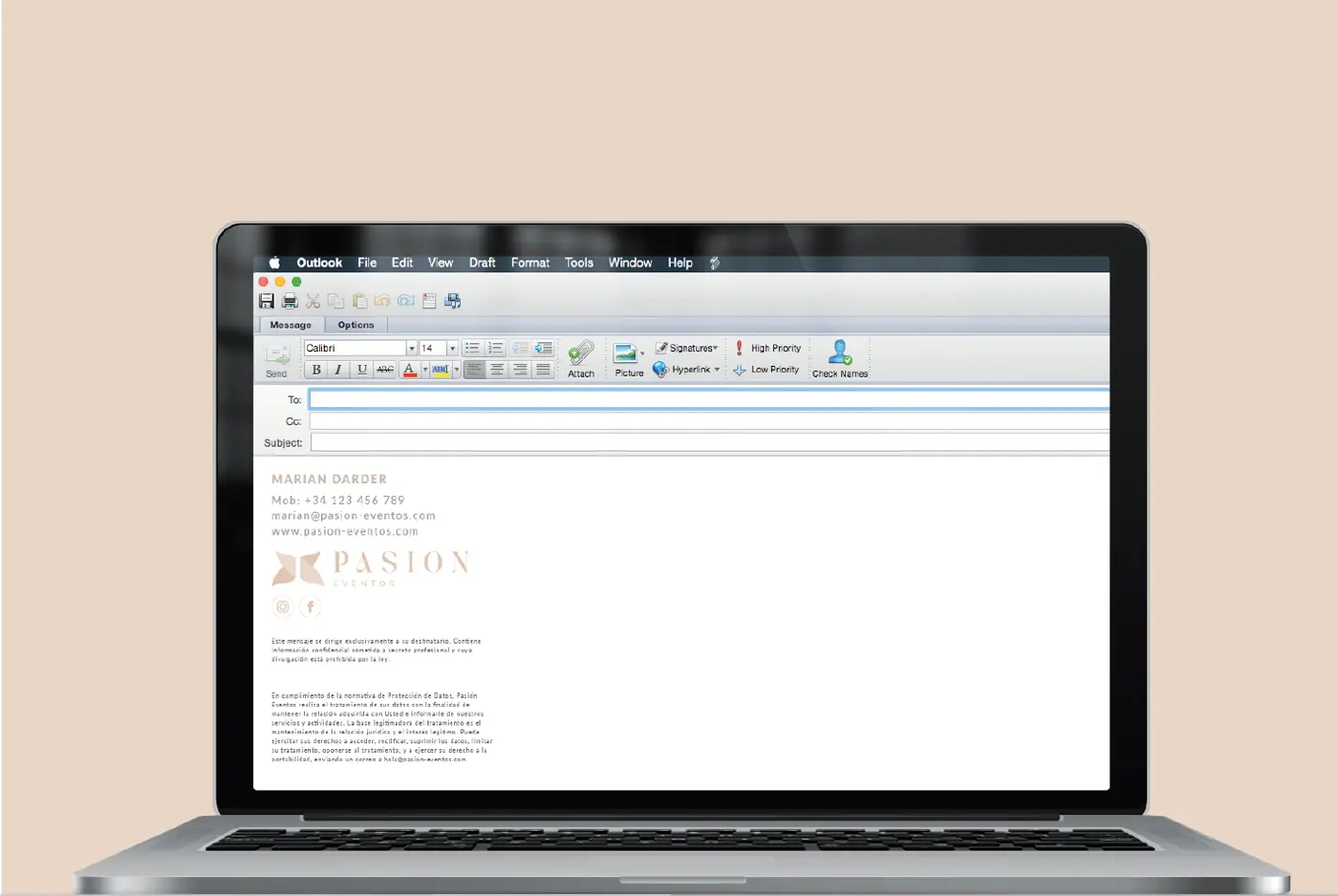 Corporate email signature with the Pasión Eventos logo