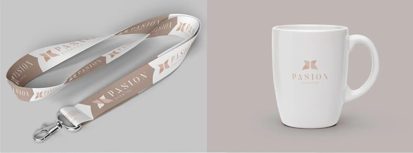 Lanyard and white mug with the butterfly-shaped symbol