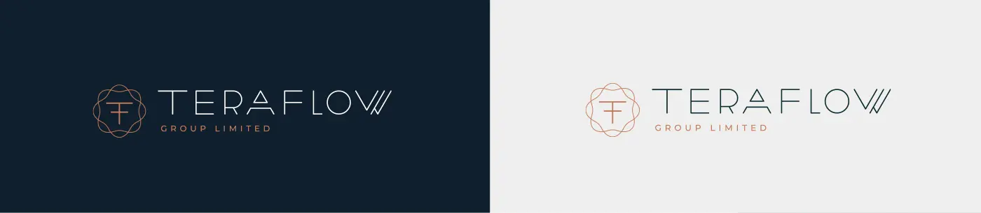 Teraflow Group logotype in negative version on navy blue and positive on light grey