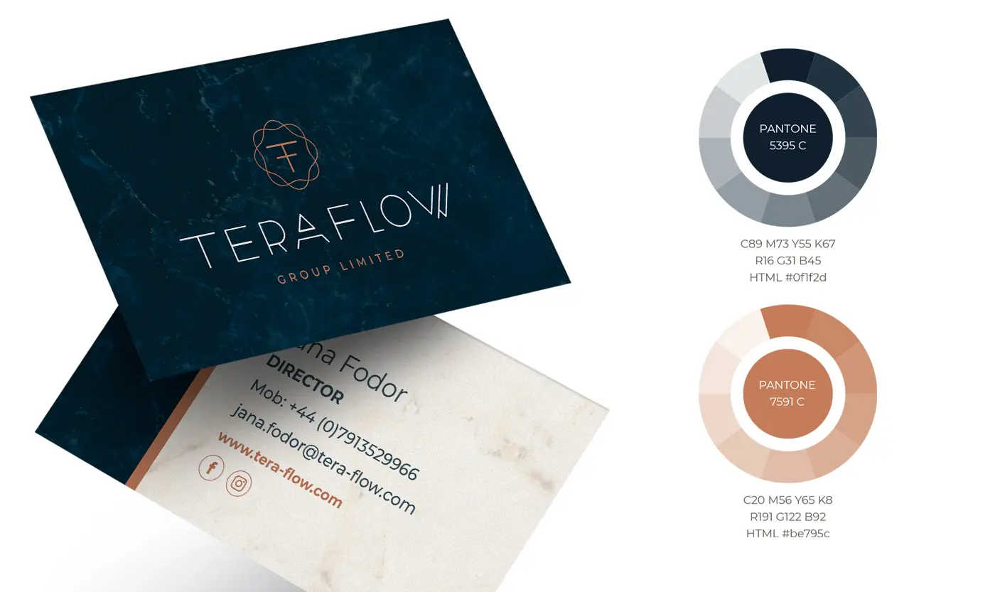 Business cards in navy blue marble with the symbol and the brand's Pantone palette