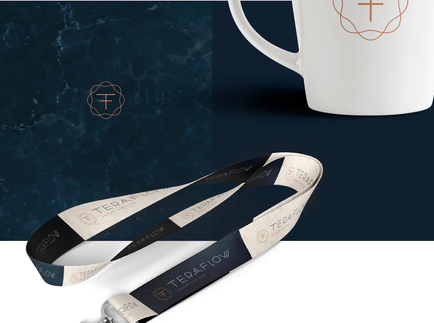 Lanyard with the Teraflow logotype next to a mug with the symbol in copper