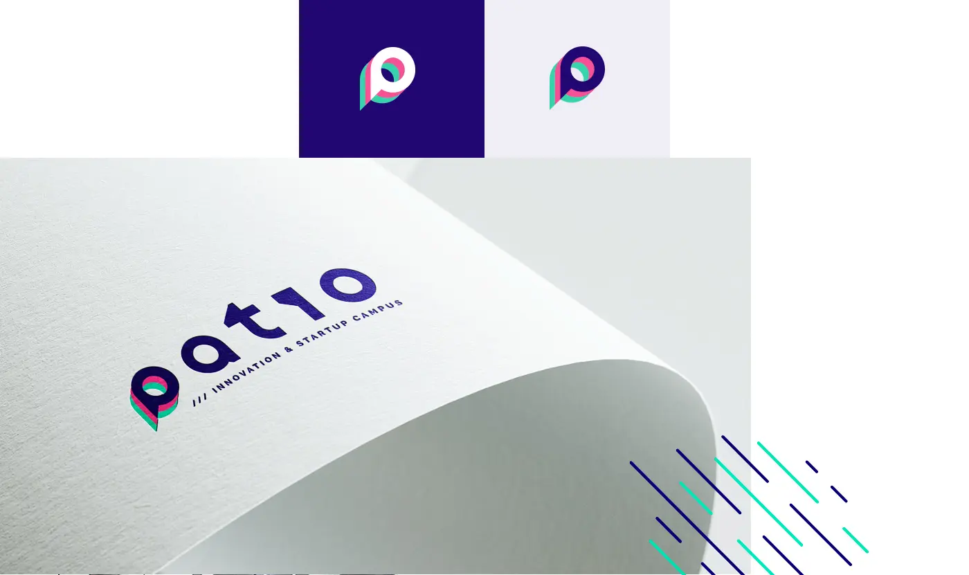 Variaciones del isotipo en color y logotipo grabado en relieve sobre papel