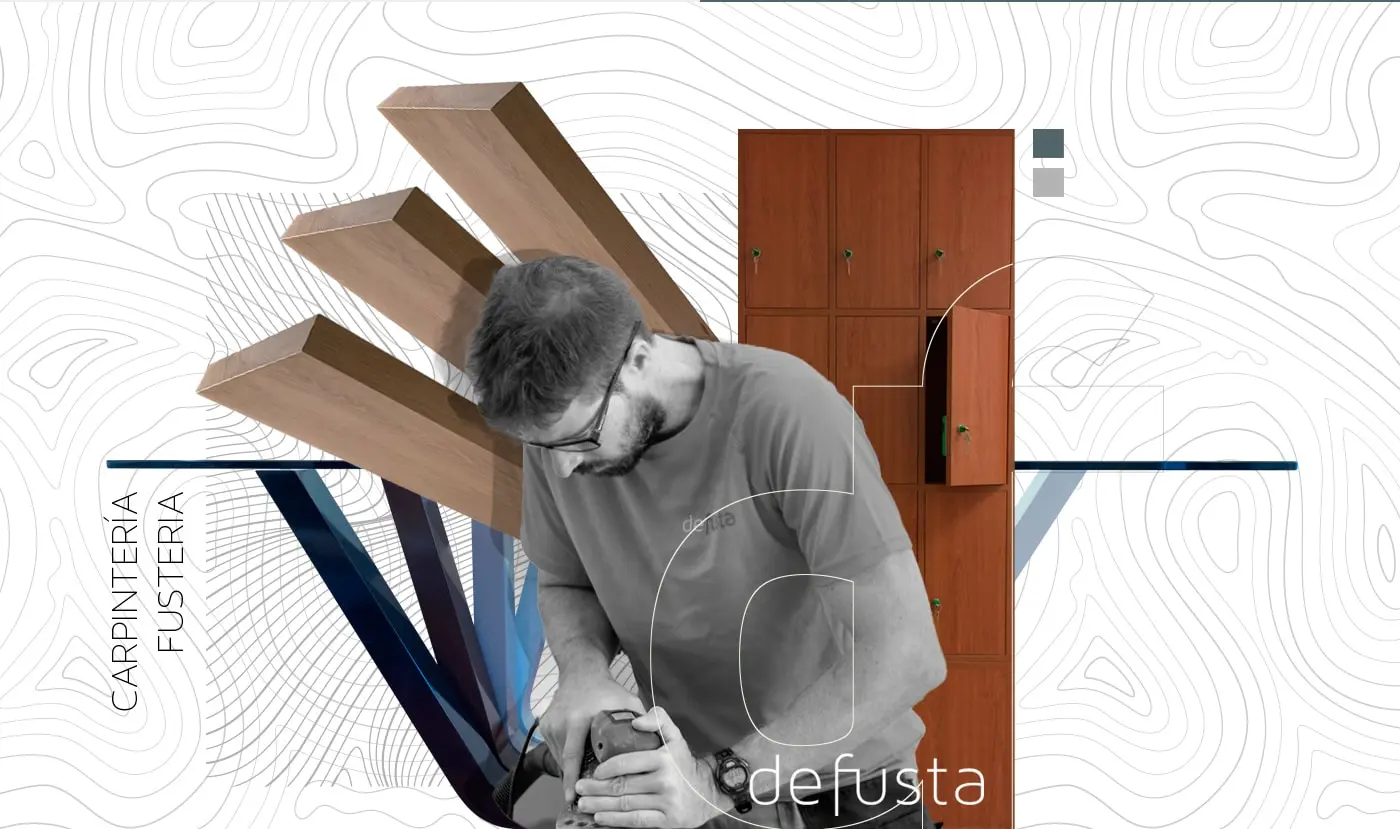 Collage con el isotipo de Defusta, tablones de madera y un carpintero lijando un mueble