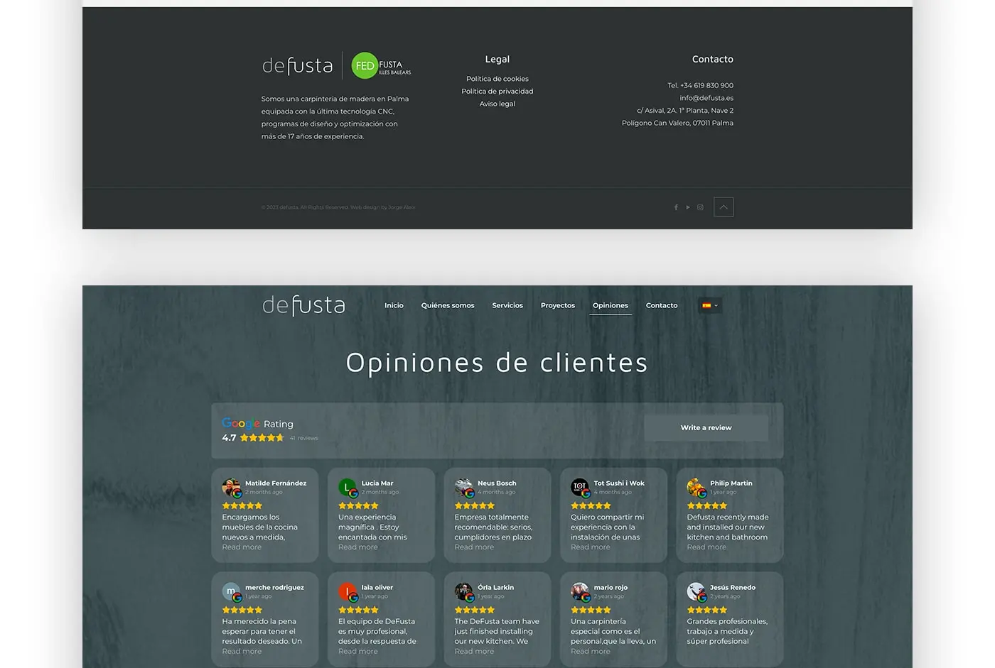 Pie de página de la web y sección de opiniones de clientes con valoración de Google