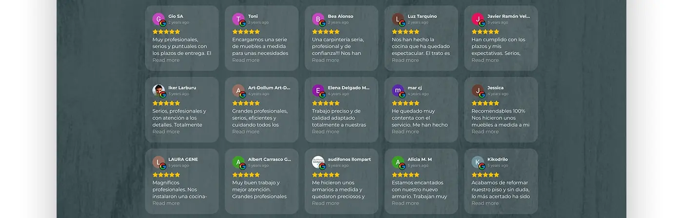 Cuadrícula de reseñas de clientes de Defusta con calificación de cinco estrellas