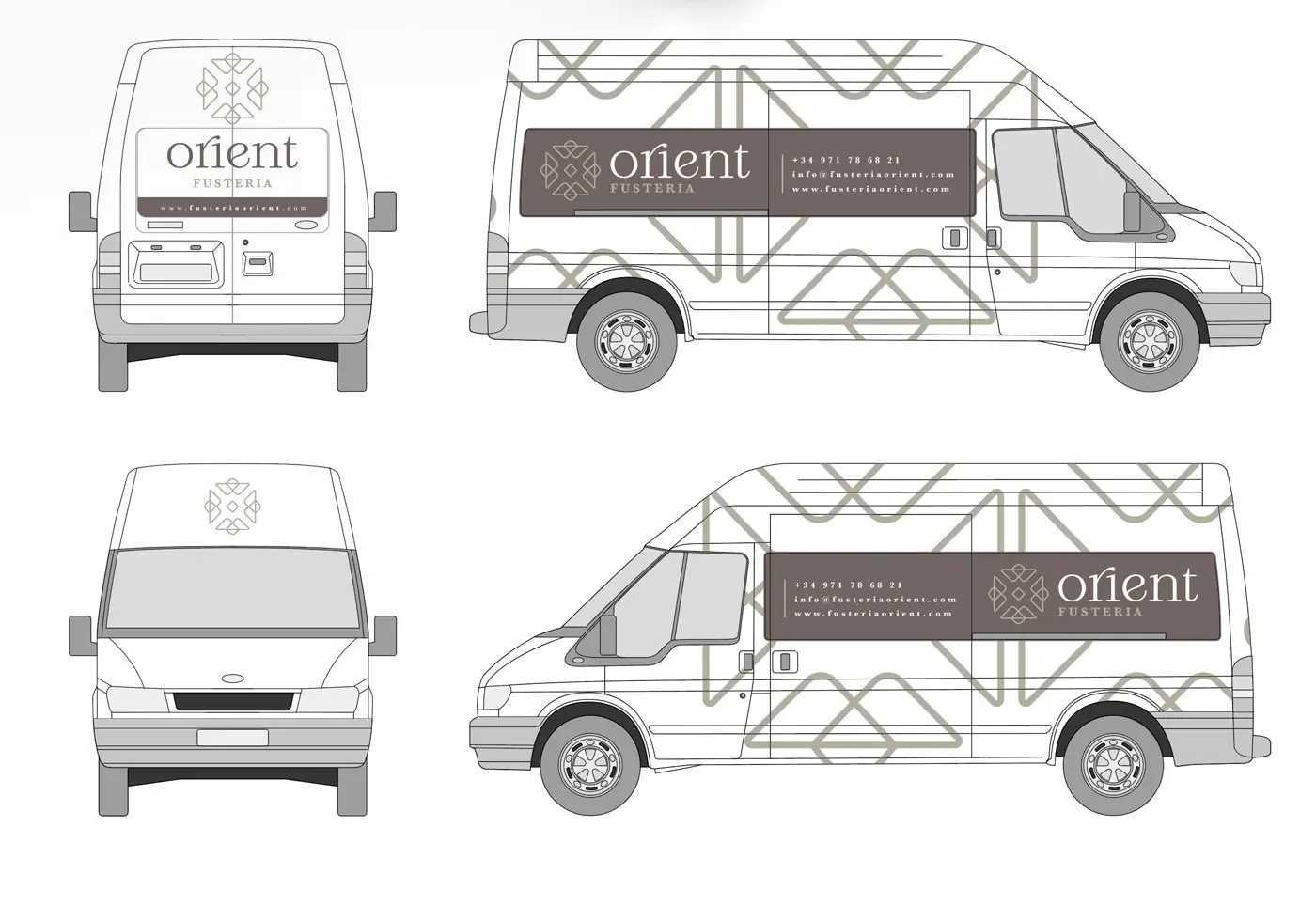 Furgoneta retolada amb el logotip i el patró geomètric de Fusteria Orient