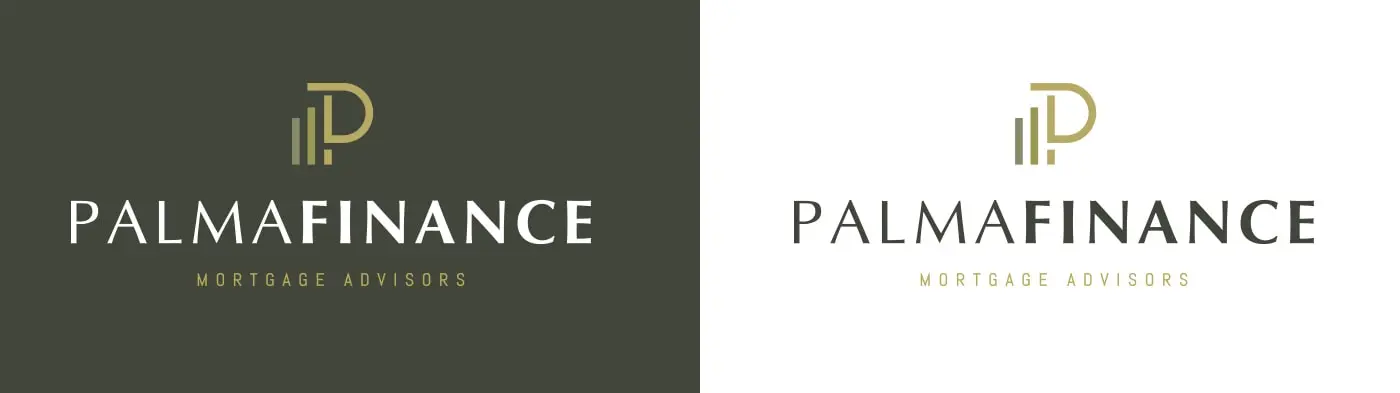Logotipo de Palma Finance en versiones sobre fondo verde oscuro y blanco