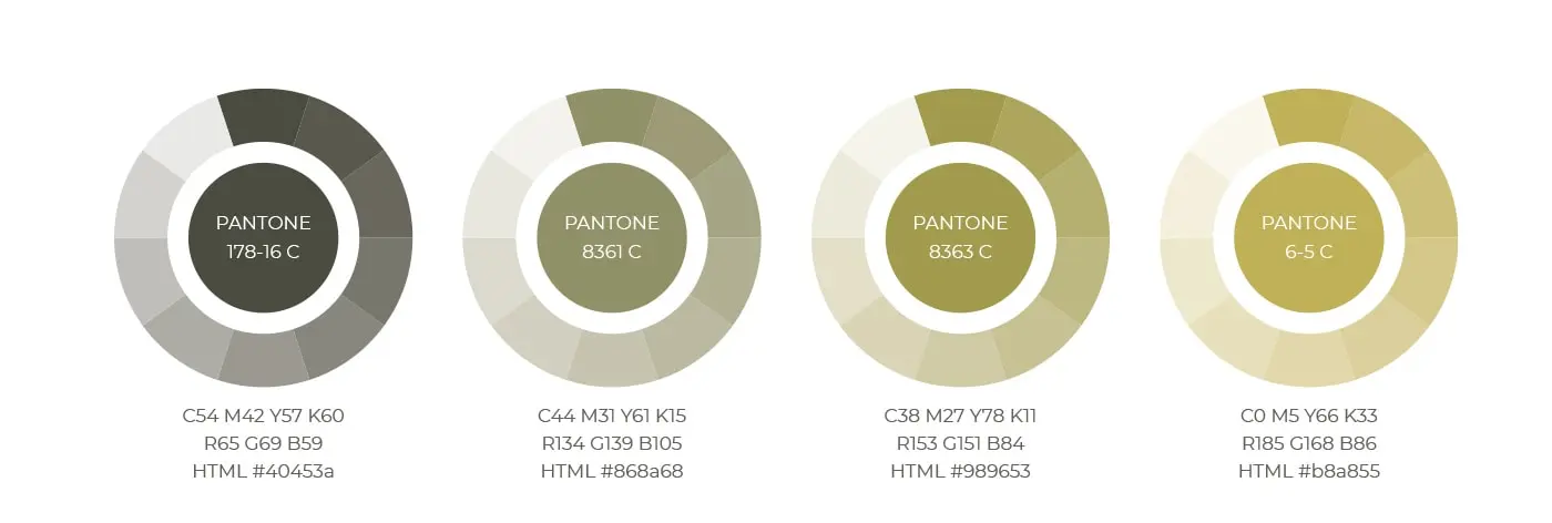 Paleta de color Pantone en tonos verde oliva y dorado
