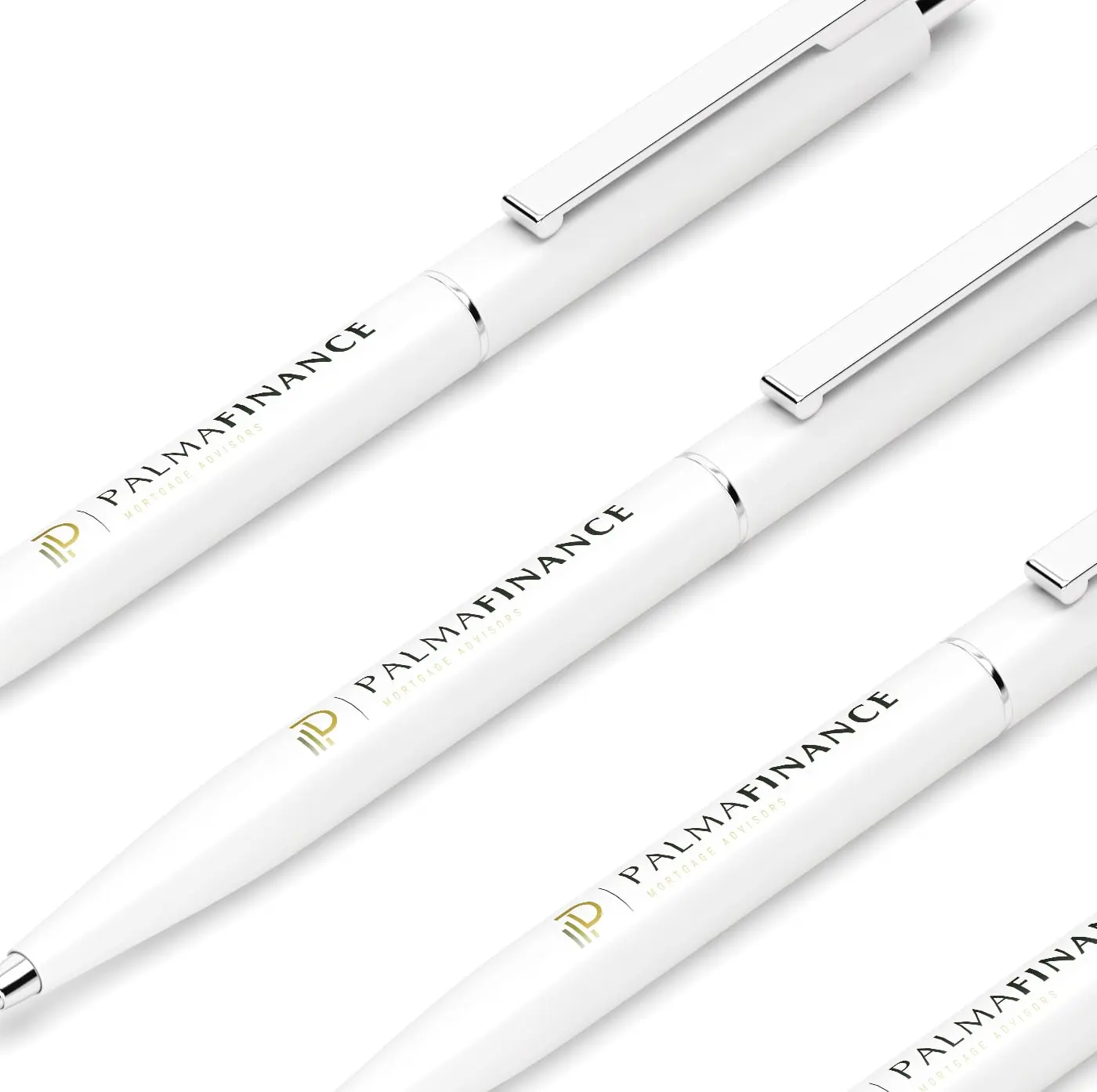 Bolígrafos blancos personalizados con el logotipo de Palma Finance