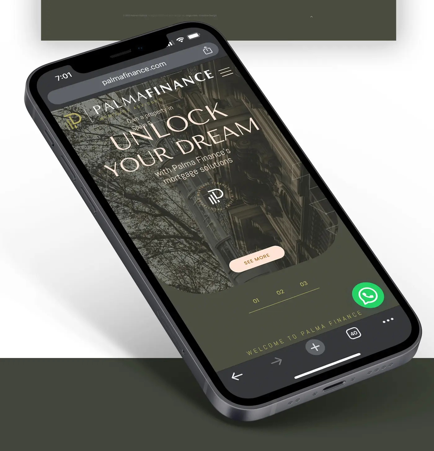 Mockup de móvil con la página de inicio de la web de Palma Finance