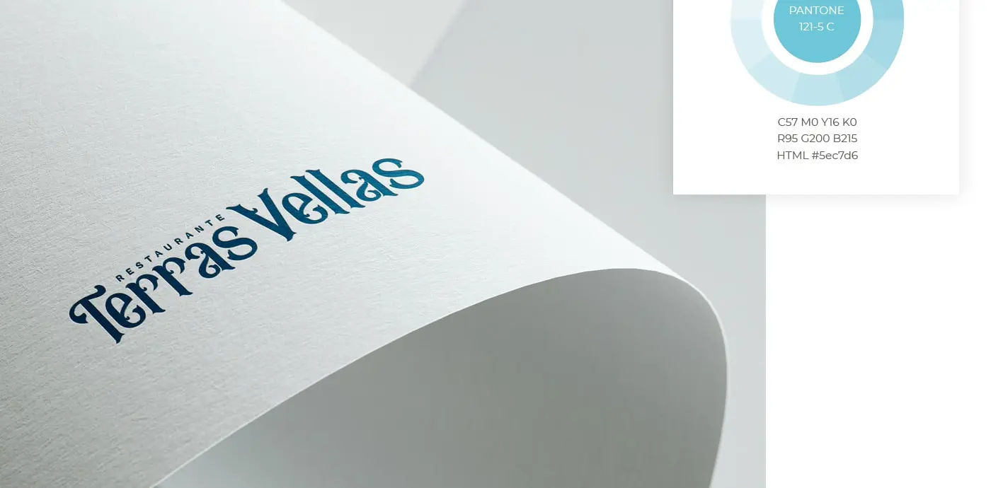 Mockup of the Terras Vellas logotype embossed on curved paper next to the blue Pantone swatch