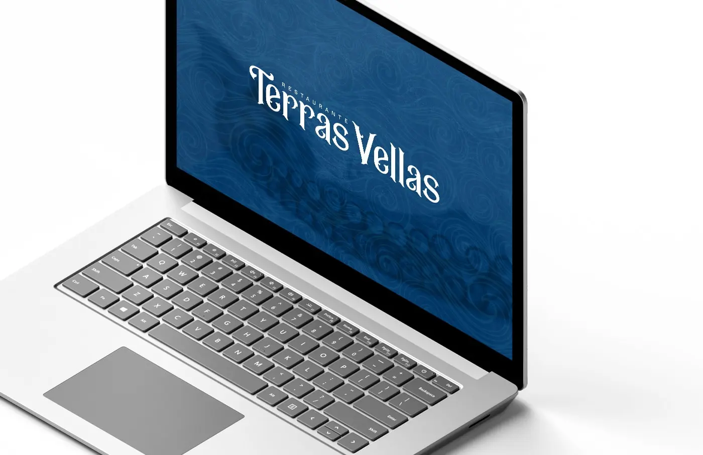 Mockup of the Terras Vellas logotype on a laptop screen with a blue wave texture