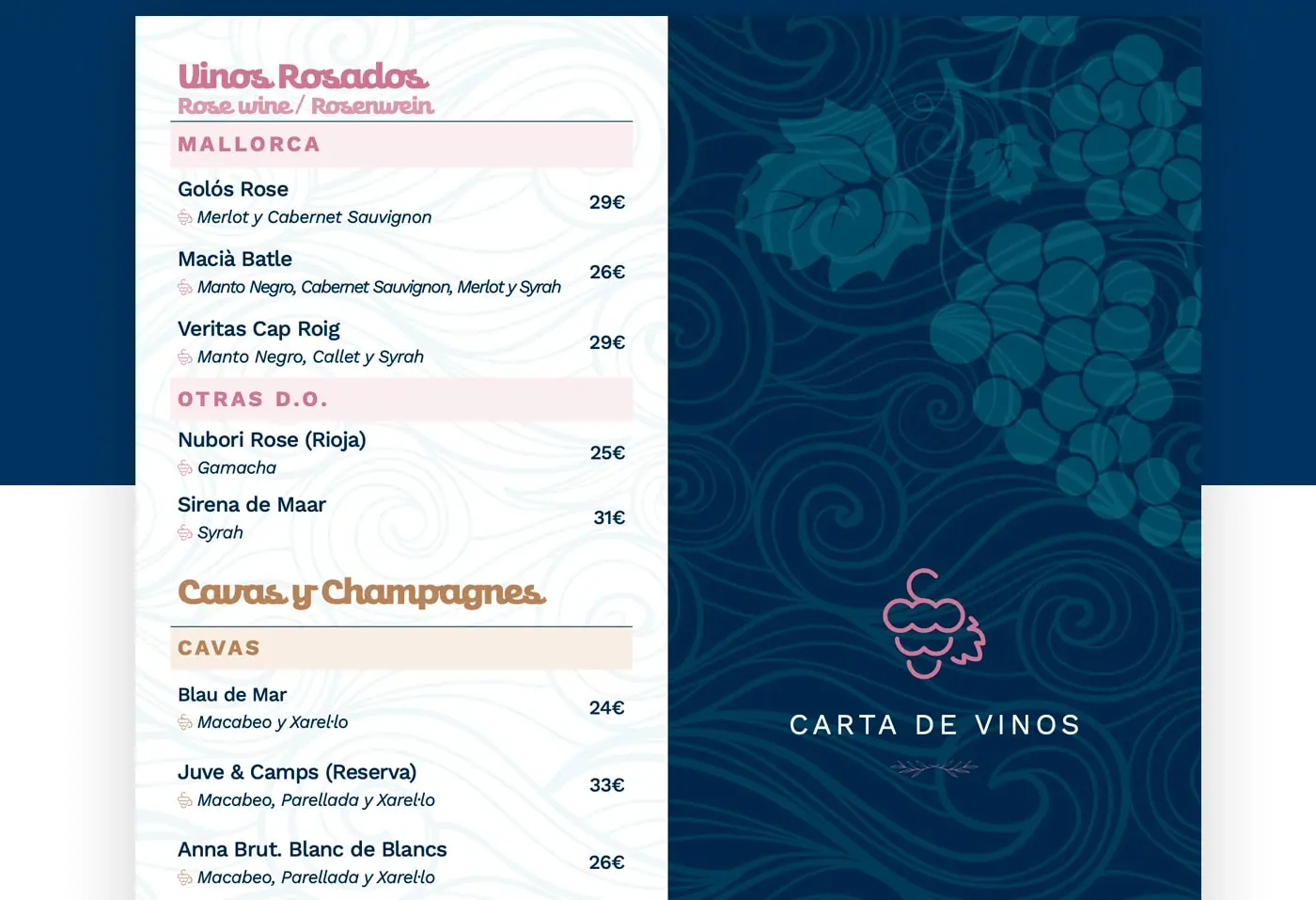 Menu page with rosé wines and cavas next to an illustration of grape clusters