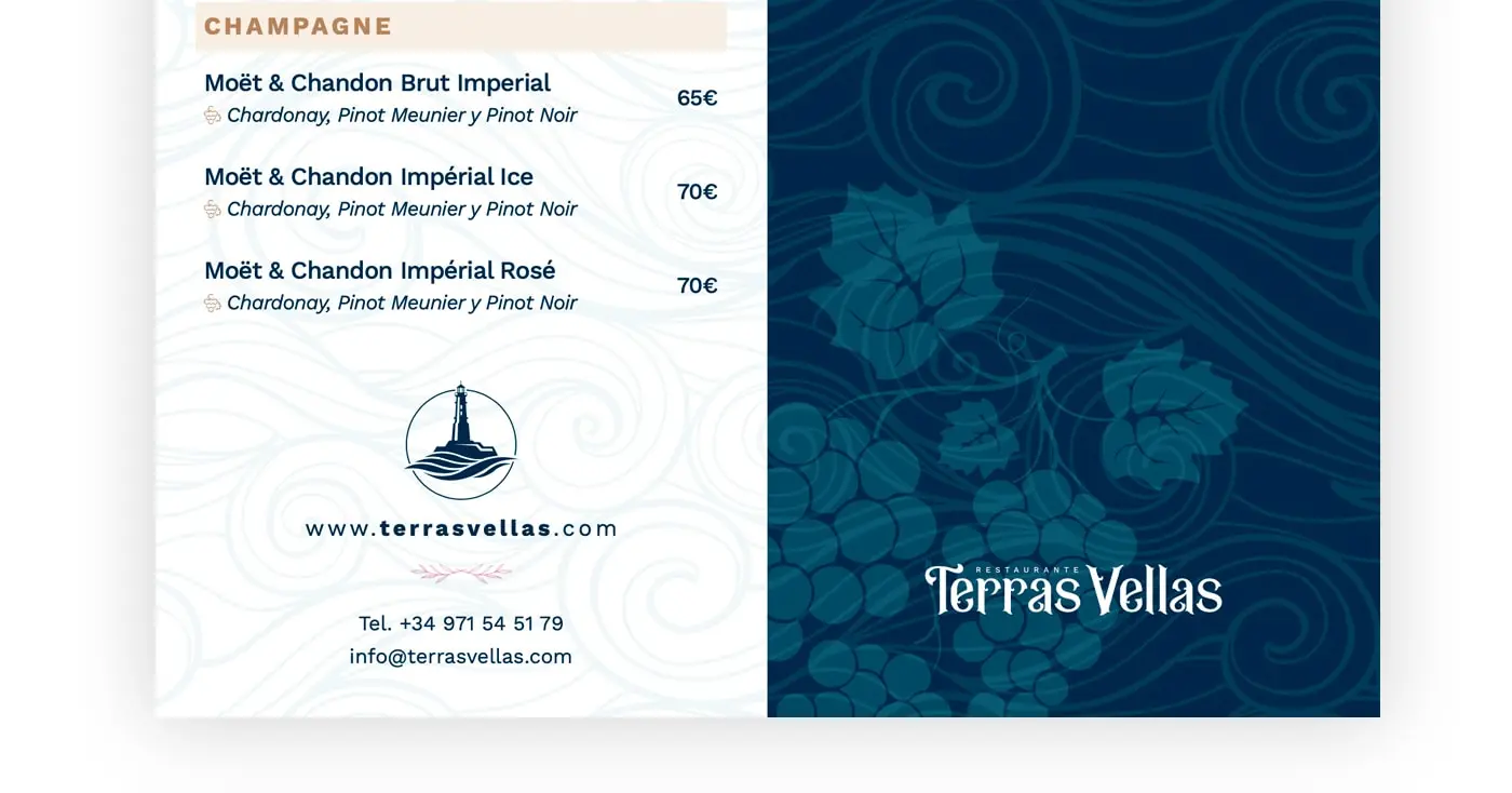 Wine list page with the lighthouse's circular logotype and contact details