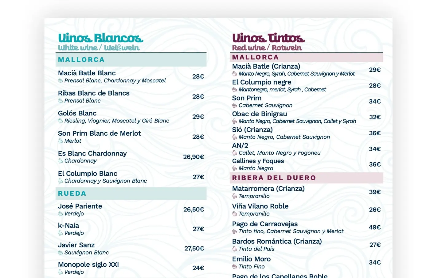 Double-page menu spread with the lists of white wines and red wines