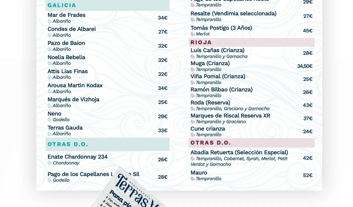 Menu page with white wines from Galicia and reds from Rioja