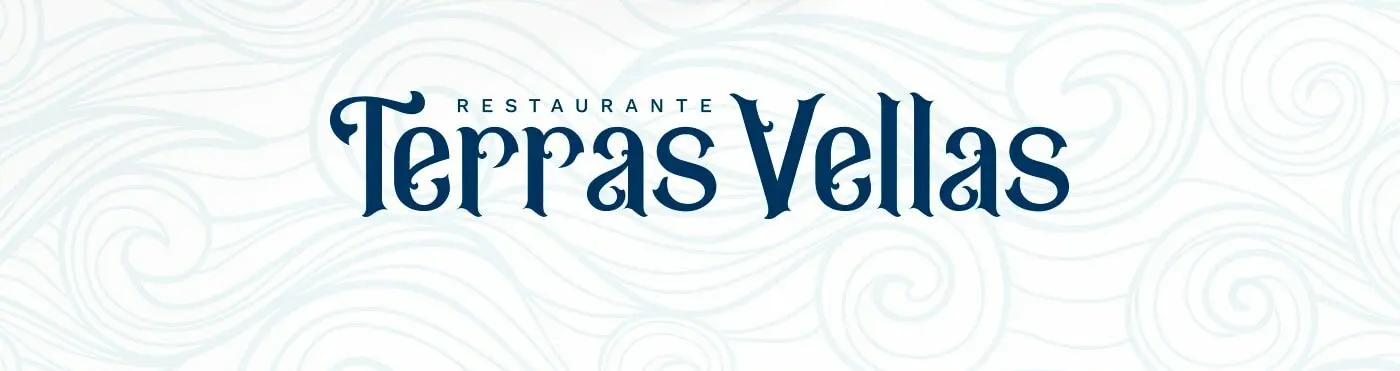 Terras Vellas logotype in white on a background with a blue wave texture