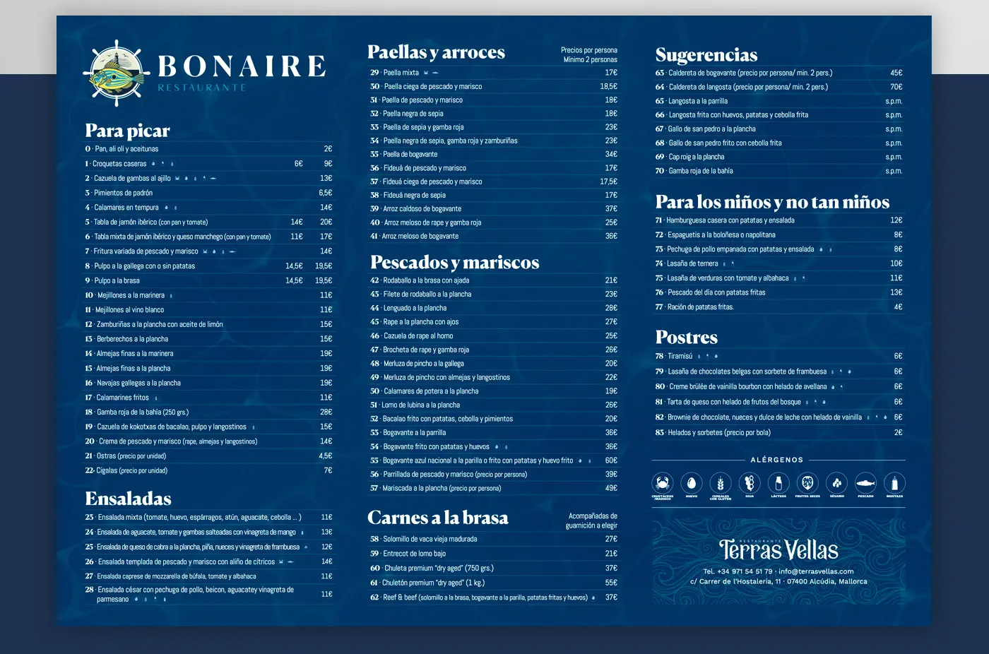 Bonaire restaurant menu in Spanish with sections for paellas, fish and grilled meats
