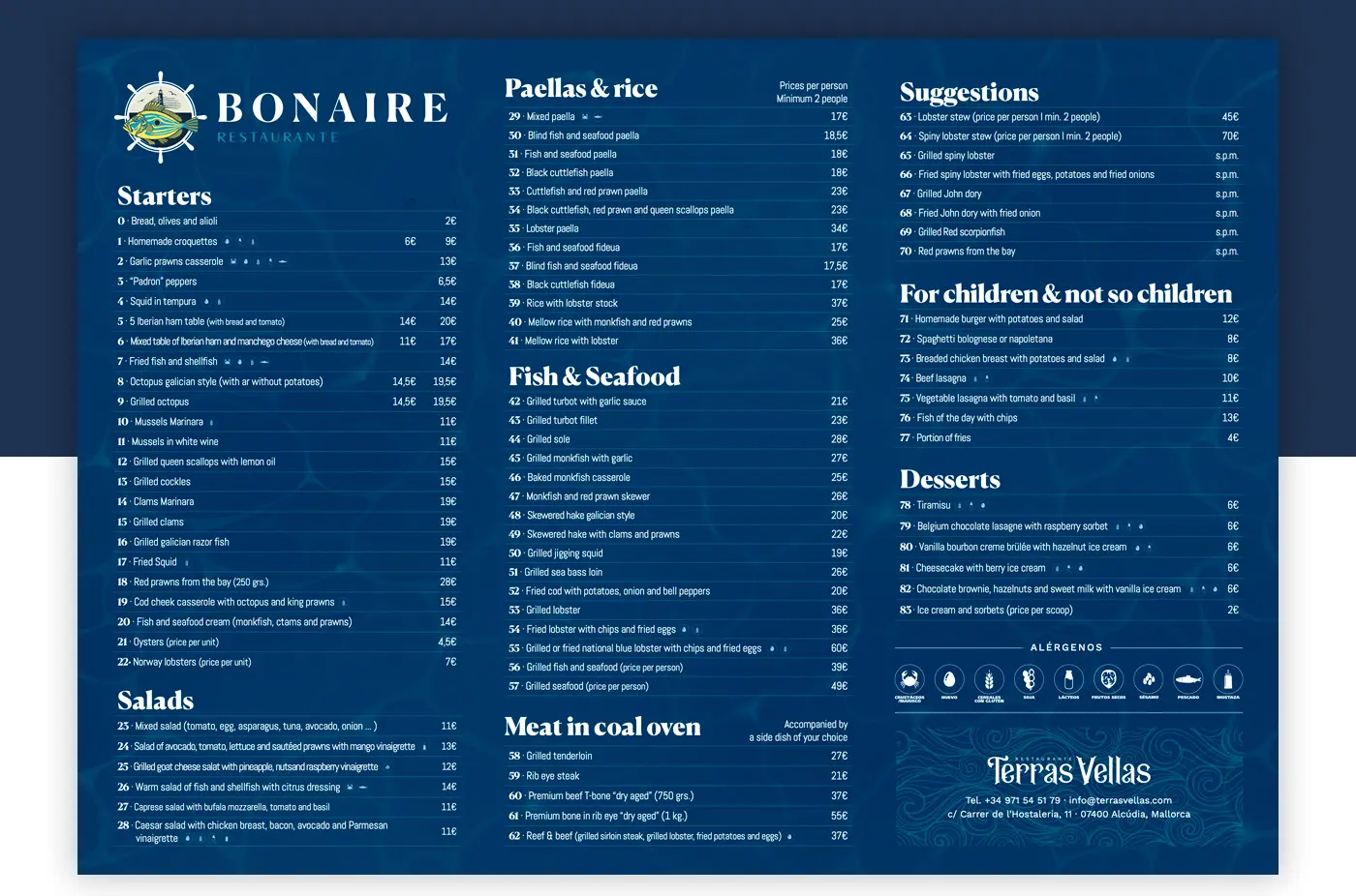 Bonaire restaurant menu in English with the starters, fish and seafood sections