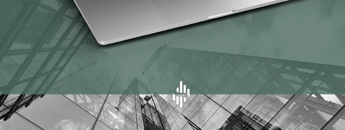 Logotype symbol in white over a photograph of glass facades