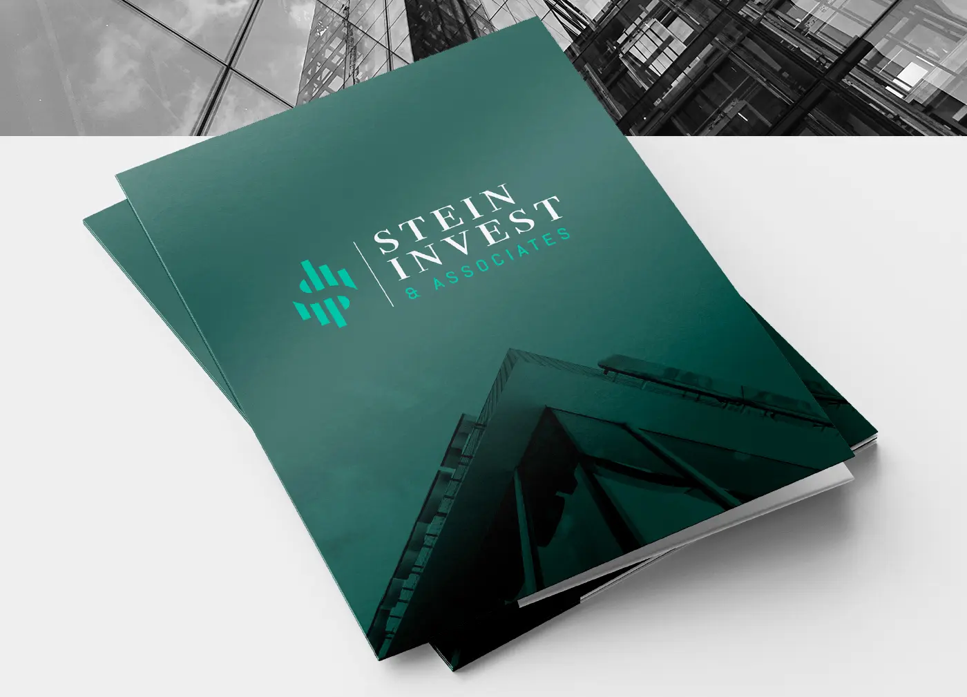 Green corporate dossier with the logotype and a photograph of an office building