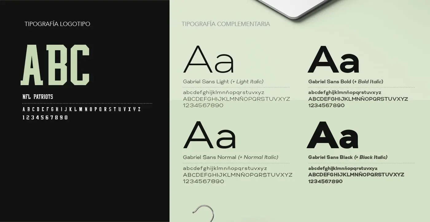 Typographic sample of the logotype and the complementary font Gabriel Sans