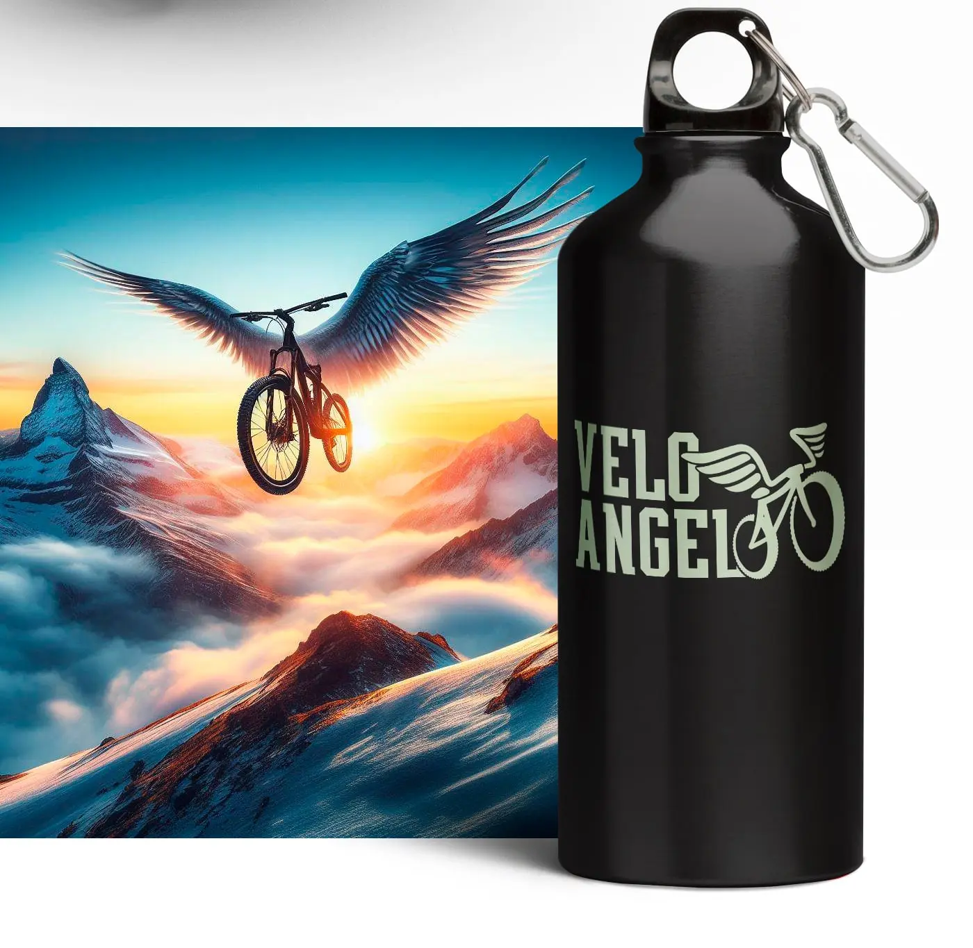 Poster of the winged bicycle at sunset next to an aluminium bottle with the logotype