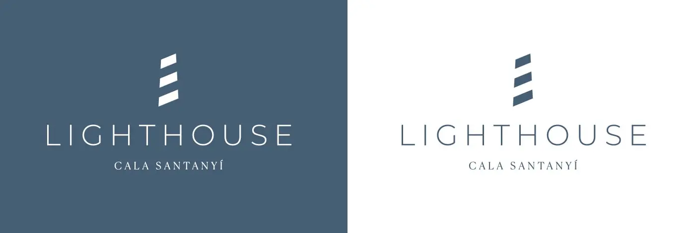 Aplicaciones del logotipo Lighthouse sobre fondo azul marino y blanco