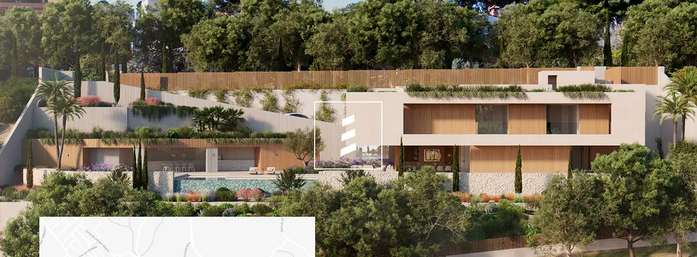 Render aéreo de la villa con piscina, jardín y plano de ubicación
