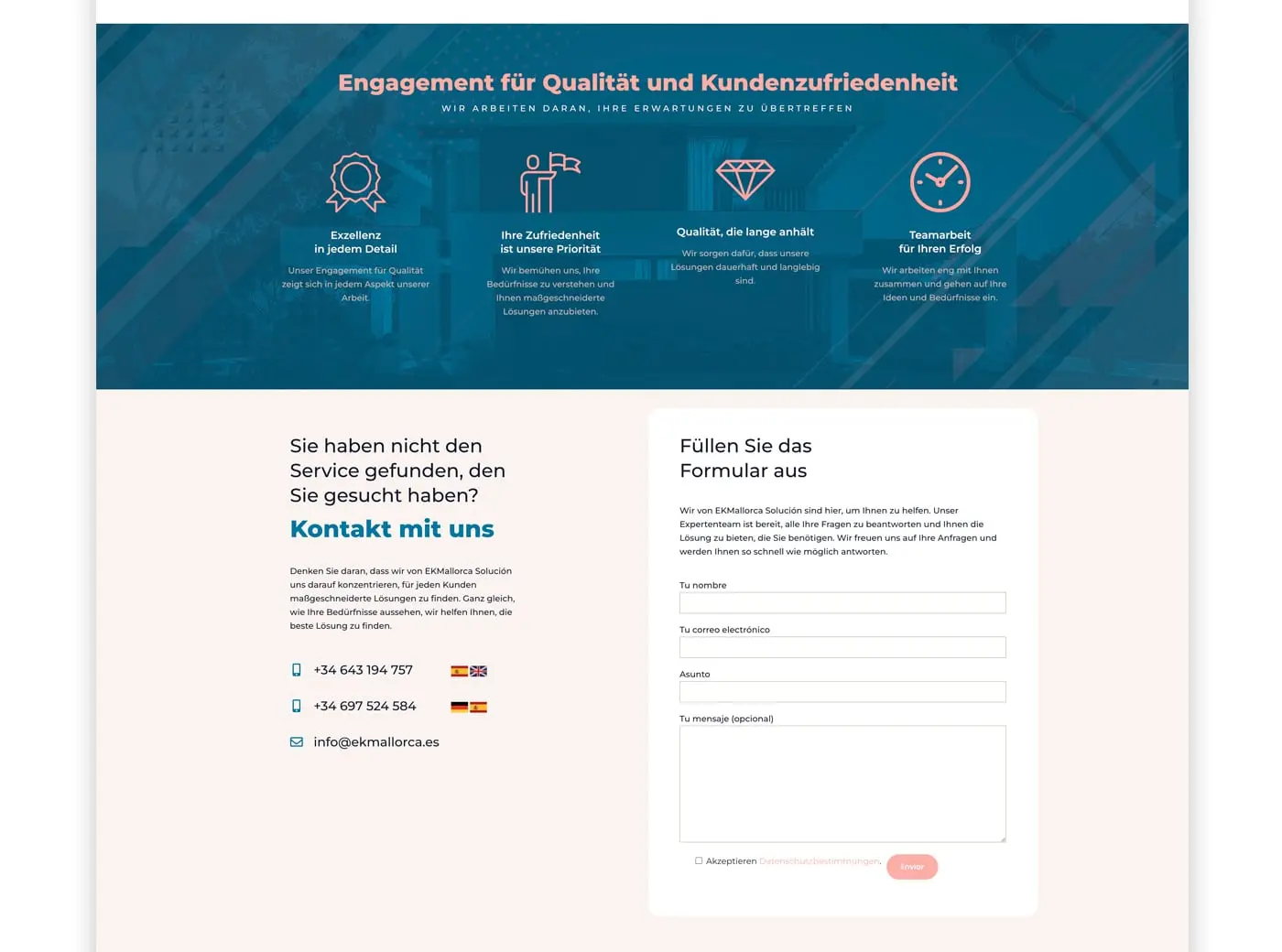 EKM Mallorca website footer with quality icons and contact form