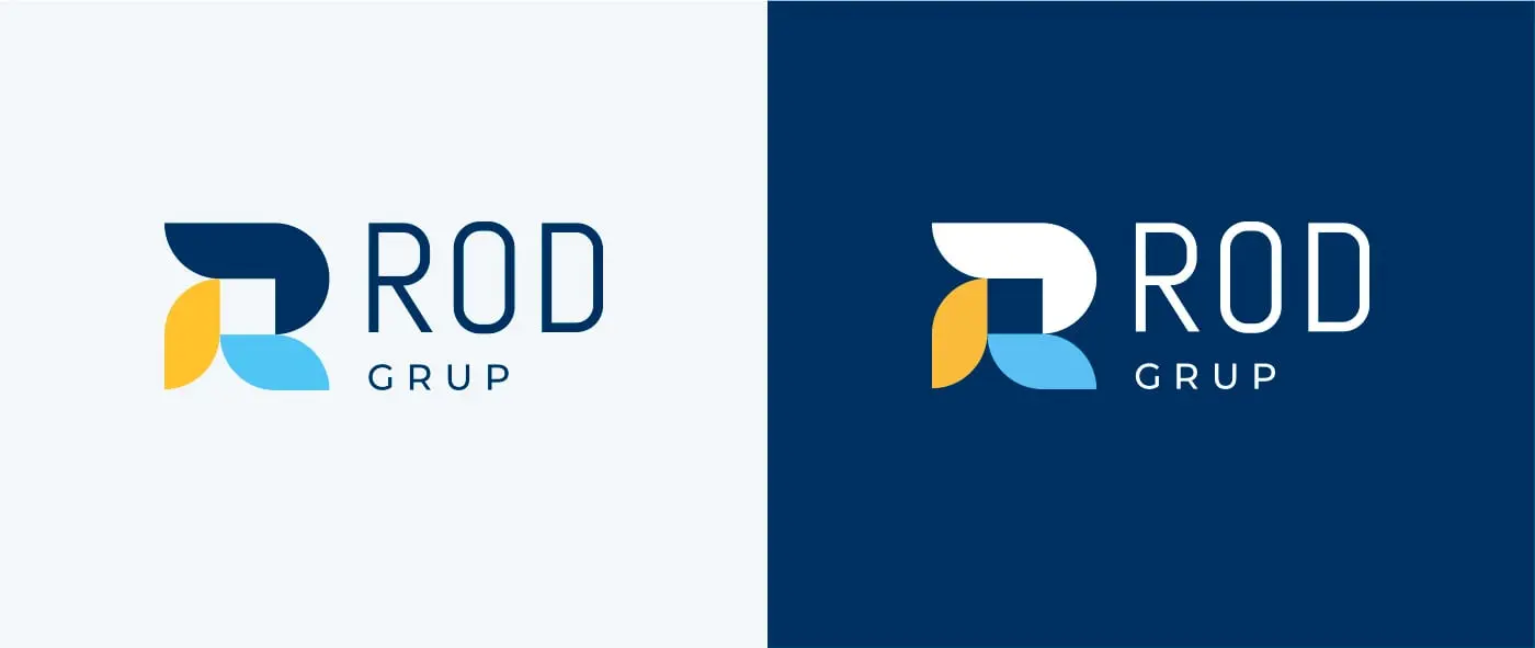 Logotip Rod Grup aplicat en positiu sobre fons clar i en negatiu sobre blau marí