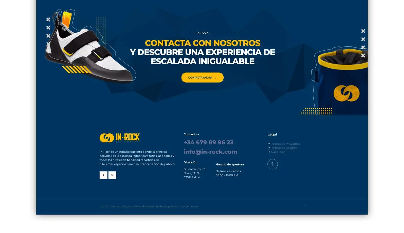 Pie de página web con zapatilla de escalada y bolsa de magnesio