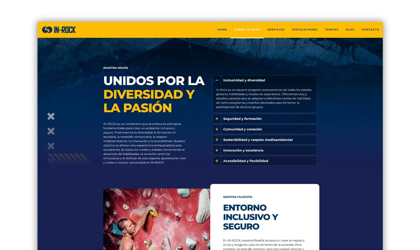 Sección 'Sobre In-Rock' con acordeón desplegable de valores de marca