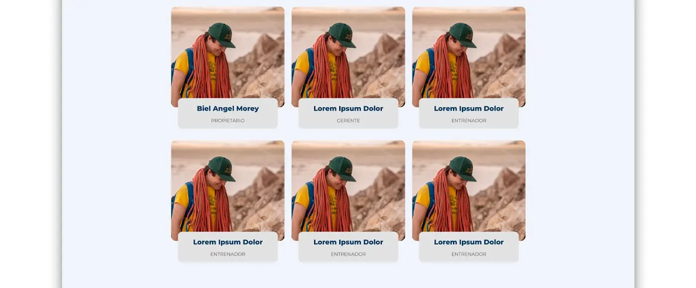 Mosaico de fichas del equipo con fotografía placeholder repetida