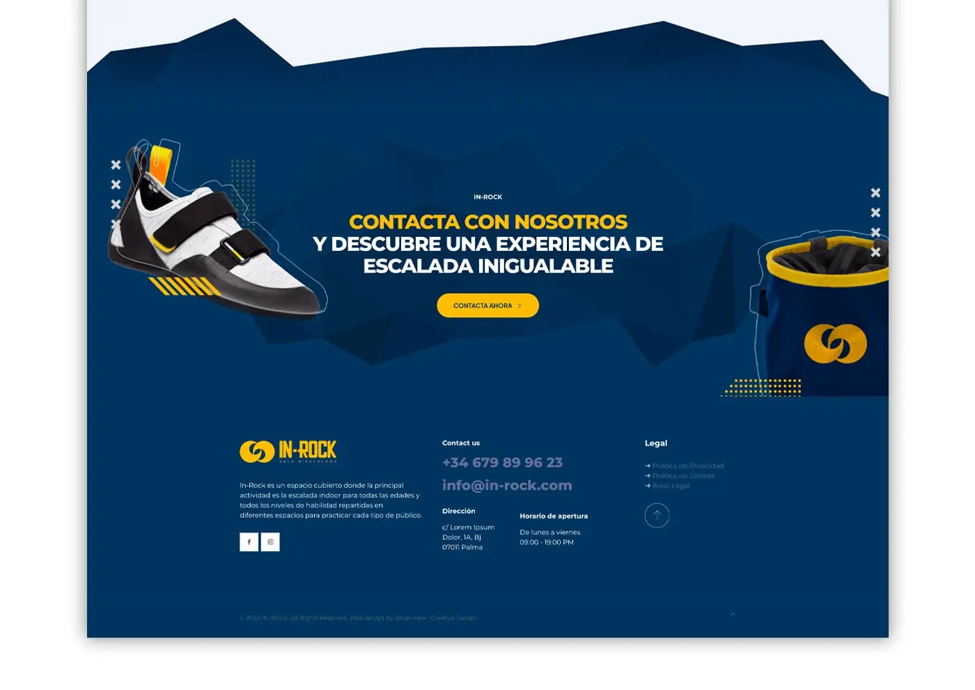 Pie de página de la web con zapatilla de escalada y bolsa de magnesio