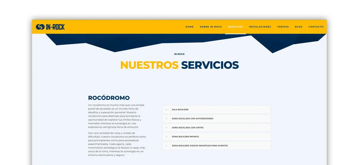Página de servicios web listando las zonas del rocódromo