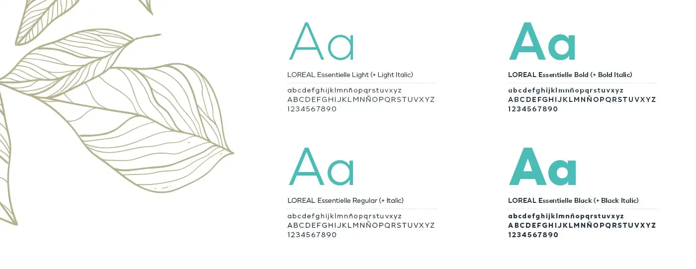 Tipografía corporativa LOREAL Essentielle mostrada en sus distintos pesos